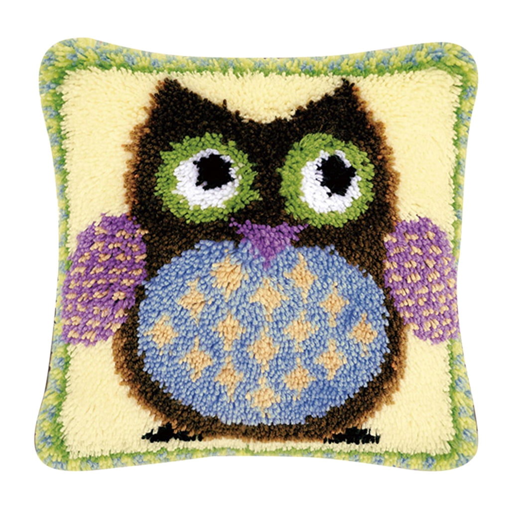 Orange Owl Latch Hook Cushion Kit - Small 25x25cm, Printed Canvas, Pre-Cut Yarn & Tool Included