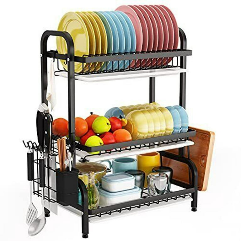  GSlife Small Dish Drying Rack - 2-Tier with Drainboard,  Utensils Holder, Glass Holder for Kitchen Counter, Tiered Drainer Space,  Black: Home & Kitchen