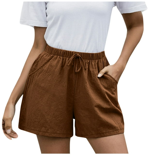 Timegard Cotton Linen Shorts for Women Elastic Waisted Drawstring Wide Leg Lounge Shorts with Pocket