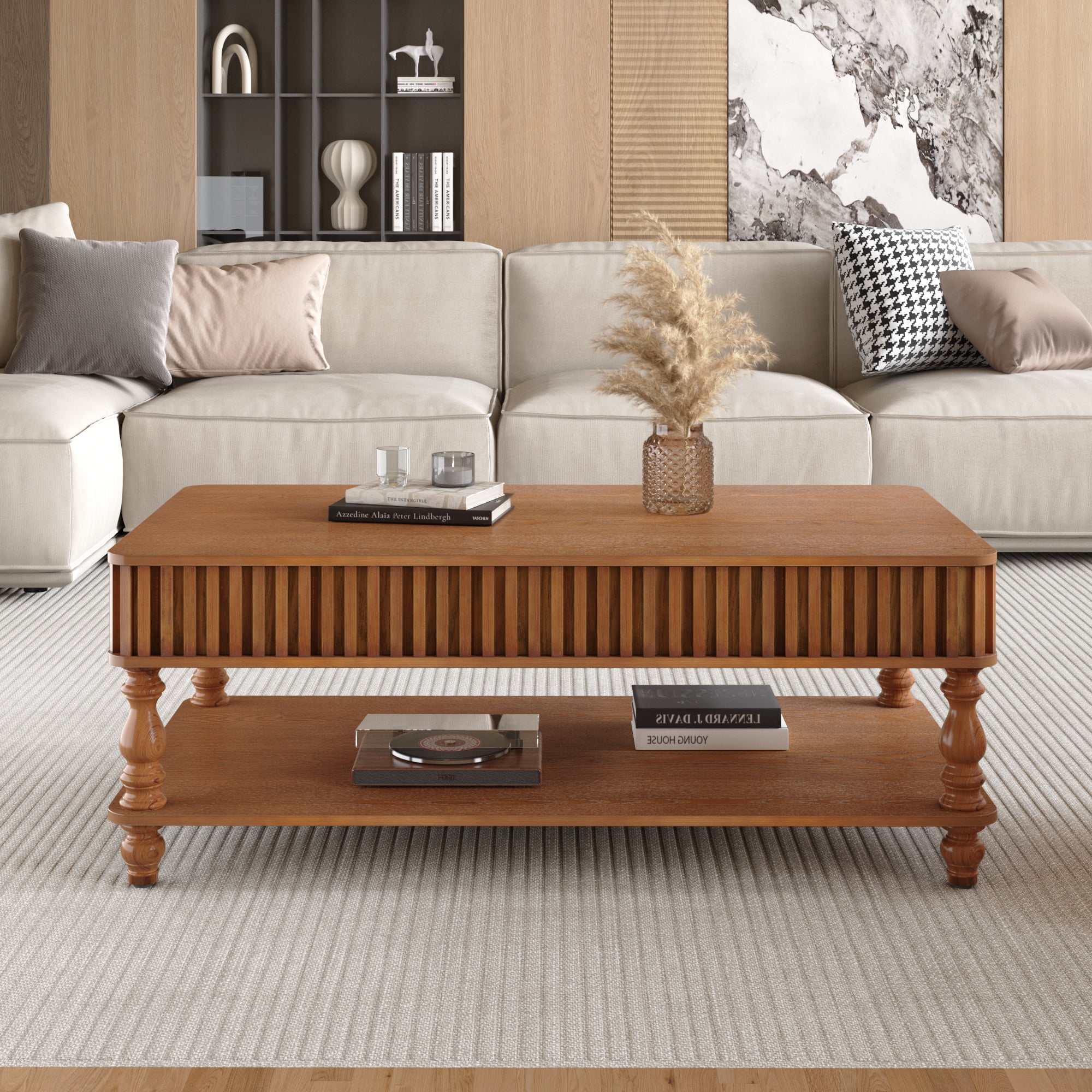 47.24" Lift Top Coffee Table with Hidden Storage and Open Shelf, Solid Wood Center Table with Fluted Design & Roman Column Legs, Tool-Free Assembly for Living Room, Vintage Brown