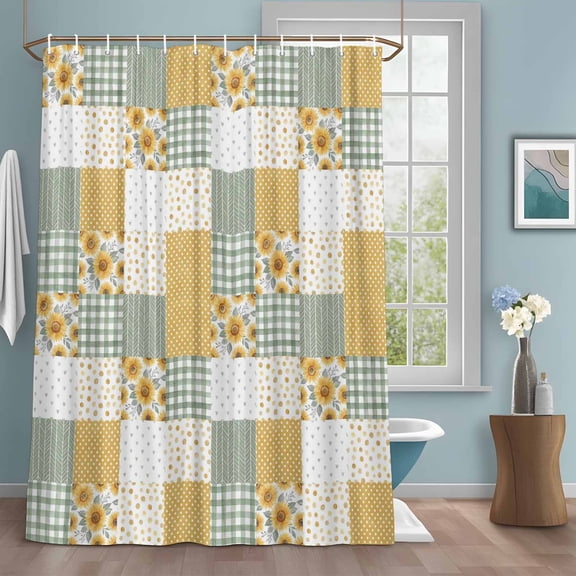 Patchwork Shower Curtain with Hooks, Rustic Floral Yellow Sunflowers Green Gingham Stripe Water Repellent Shower Curtains for Bathroom Decor Sturdy Shower Curtain, Machine Washable 60x72 Inch