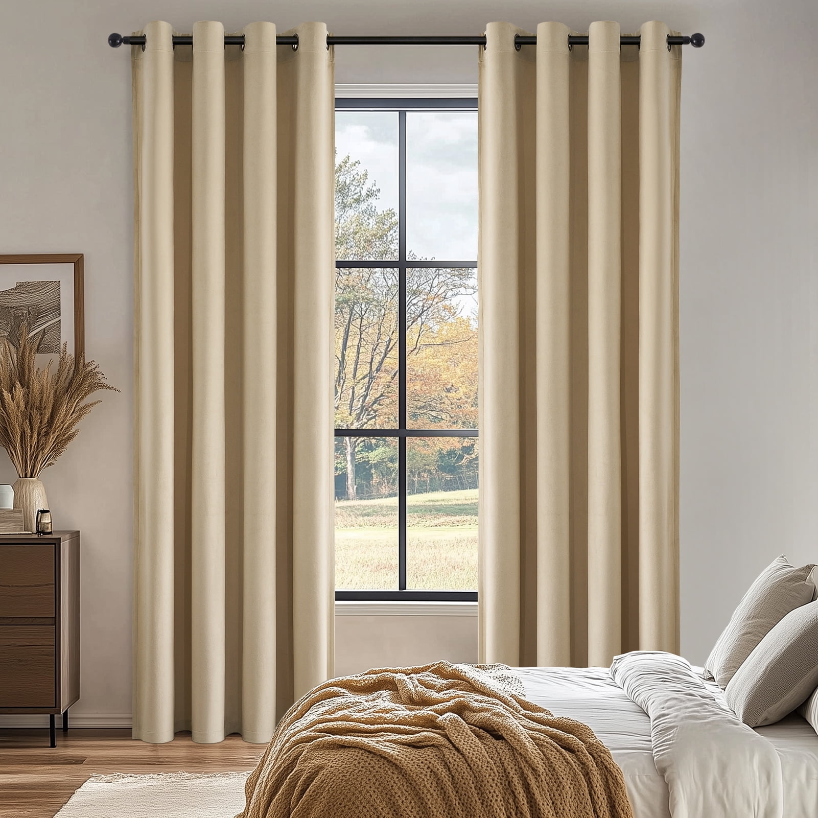 Topfinel Beige Velvet Blackout Grommet Curtains 52" x 108", 2 Panels