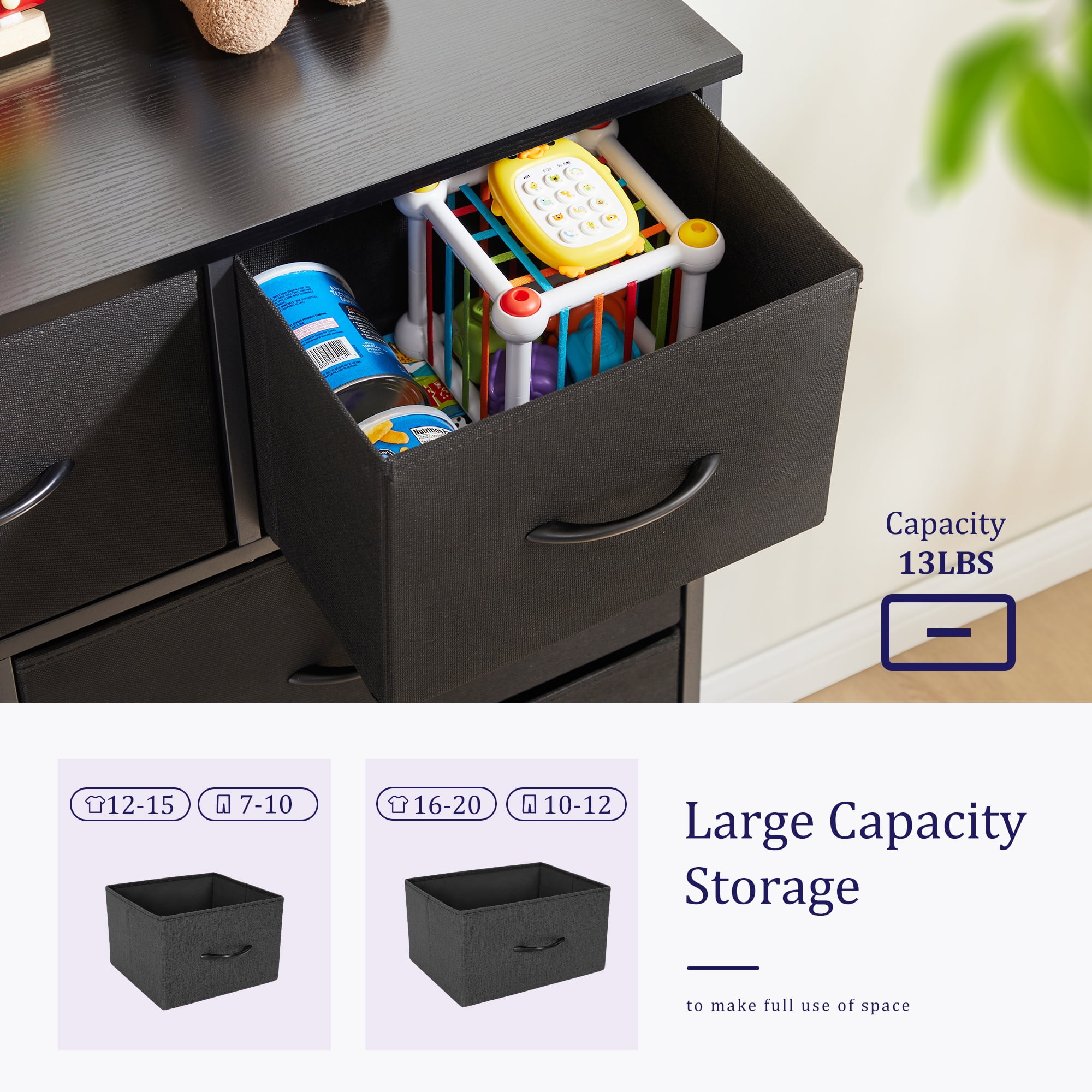 EDX 9 Drawer Dresser, Wide Chest of Drawers Nightstand Storage Tower Storage Fabric Dresser with Wood Top for Living Room, Bedroom, Hallway,Black