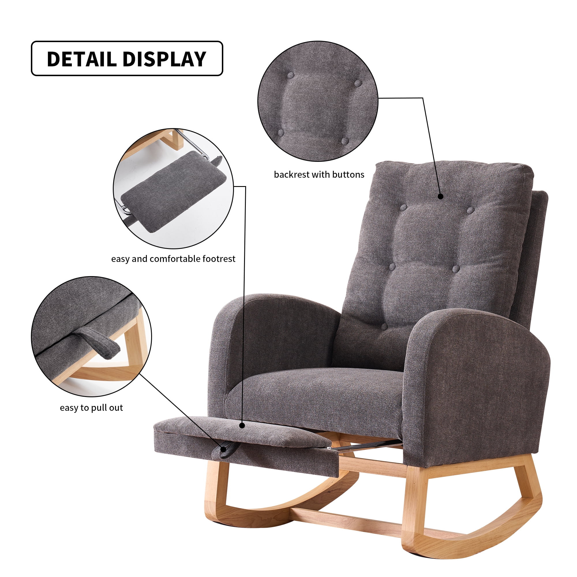 Timbernest Accent Rocking Chair with Footrest, High Back, Rubberwood Rocking Legs for Nursery, Living Space, Teddy Gray