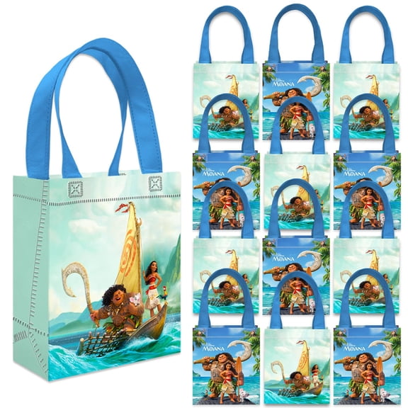 Moana Party Favor Bags Set – 12 Pack 8" Disney Goodie Bags for Kids Bulk Reusable Mini Totes | Disney Moana Birthday Party Supplies
