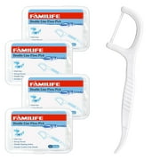 FAMILIFE Dental Floss Picks, Double Line Flossers 200 Count, Unwaxed Flossing Thinner and Tougher Unflavored Threader Flosser with 4 Travel Cases