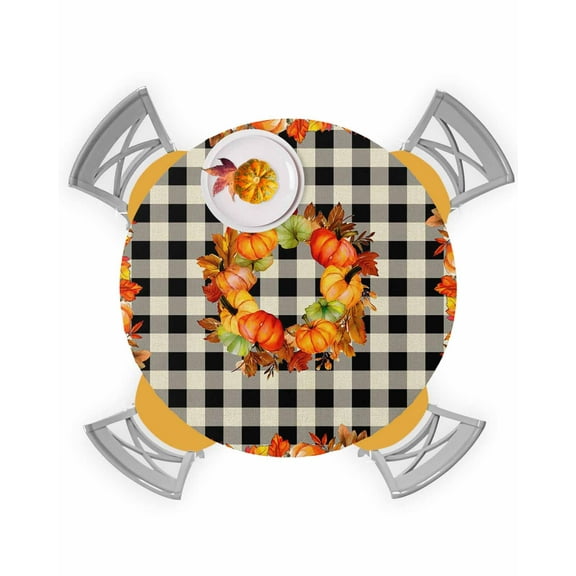 Round Fitted Tablecloths with Elastic Edge Fall Maple Leaf Thanksgiving Orange Pumpkin Waterproof Wipeable Table Cover for Kitchen Dining Party Decor Retro Black Plaid Table Clothes,36" - 44"