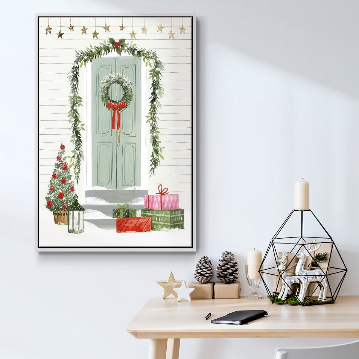 Festive Front Door I - Framed Gallery Wrapped Holiday Canvas - 25 x 37 - White Frame