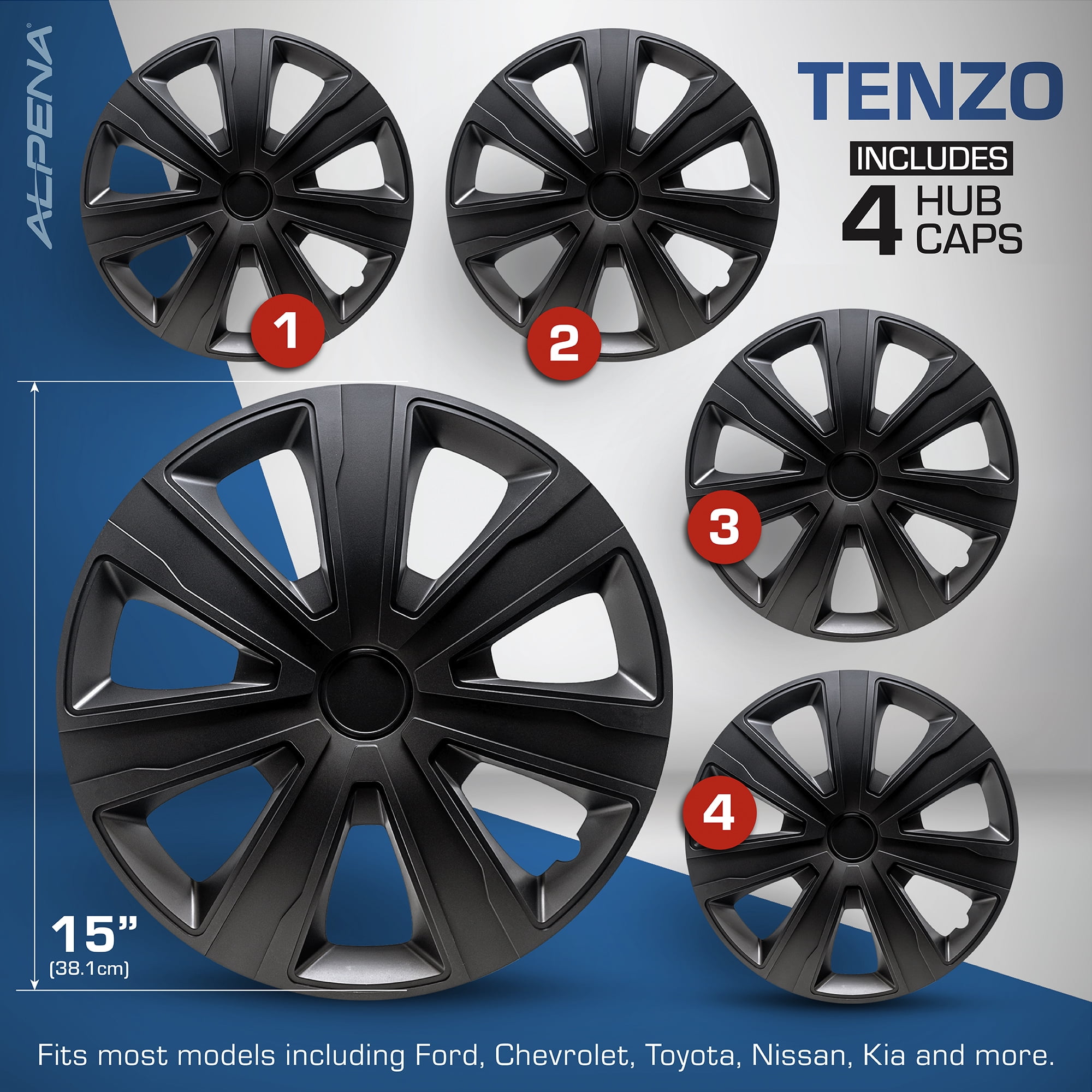 Alpena 15" Tenzo Wheel Covers, Black, set of 4