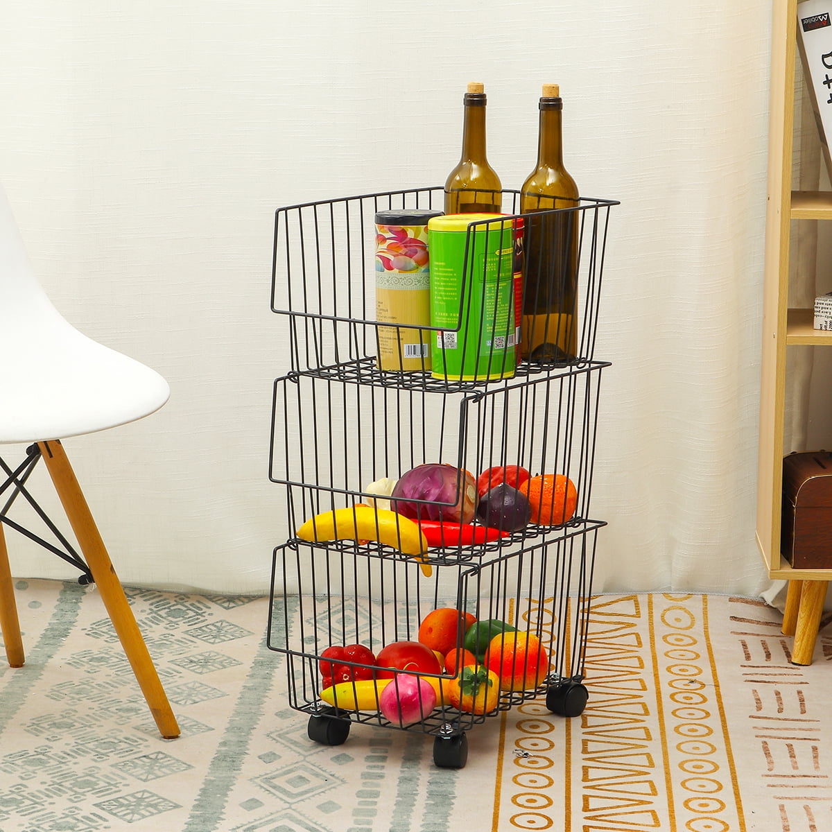 3/5 Tier Fruit Basket with Wheels, Metal Storage Cart Fruit Vegetable