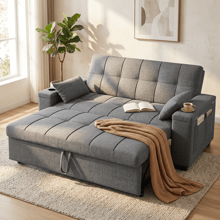 63.2'' 3-in-1 Convertible Futon Sofa Bed – Pull-Out Sleeper Loveseat with Adjustable Backrest, Side Pockets & Storage Armrest – Ideal for Living Room – Dark Grey