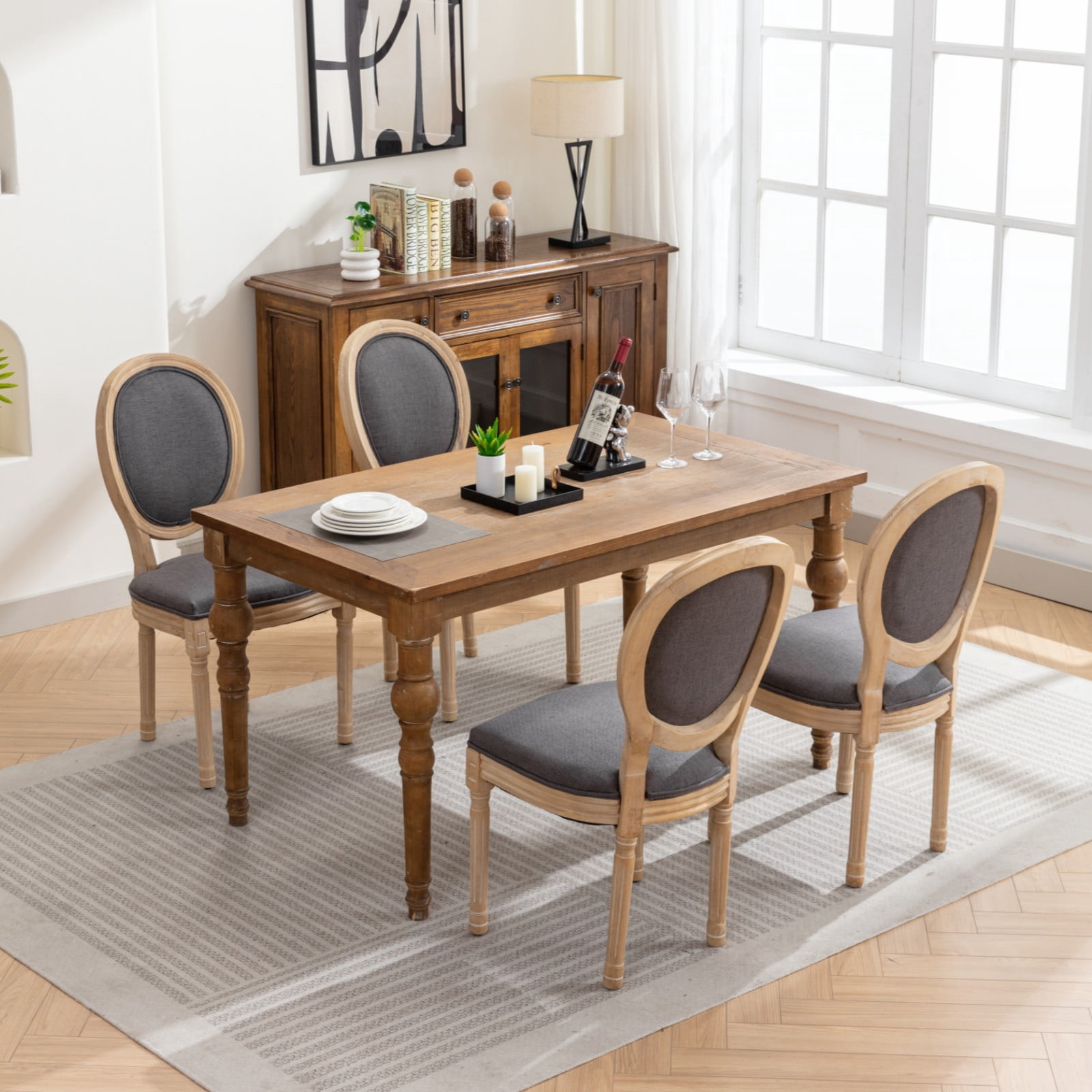 MAYEERTY French Style Dining Chair - Solid Wood Frame, Antique Painting, Linen Back, Dark Gray, Set of 2