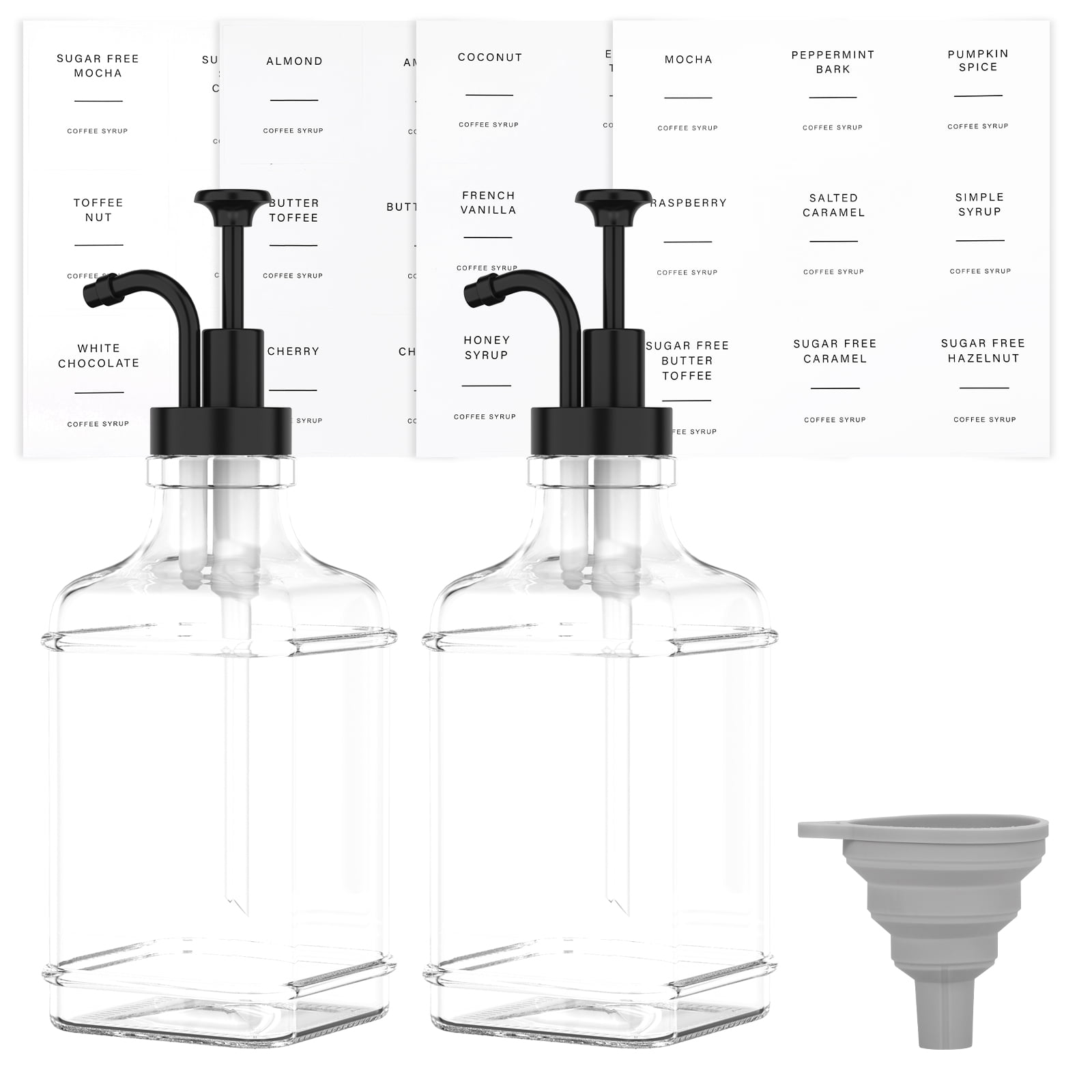 Coffee Syrup Dispenser Set Of 4 - 16.9 Oz Glass Bottles With Black Pumps & 36 Labels For Coffee Bar