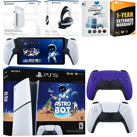 Sony PlayStation 5 Astro Bot Slim Digital Bundle with Disc Drive, Pulse Elite Headset, Extra Controller, PlayStation Portal, MightySkins Voucher and 1 Year Extended Warranty - Galactic Purple