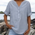 thumbnail image 7 of CQONEPT Plus Size Linen Shirts for Women Cotton Striped Henley Neck Button Up Tops Summer Short Sleeve Loose Fit Tunic Blouse Tops Sky Blue XL, 7 of 7