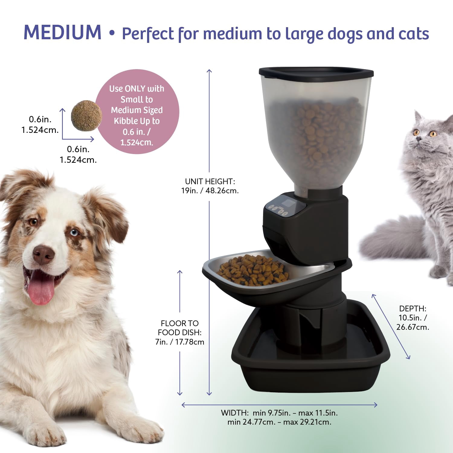 Feeding Friend® Automatic Dog & Cat Food Feeder with Water Dispenser – Smart Pet Feeder with Portion Control, OLED Display, Anti Jam Design, Battery Operated Dispenser for Medium Pets 15-30 - Black