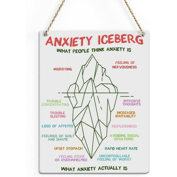 Rustic Mental Health Wood Decor Sign, Colorful Anxiety Iceberg Quote Printed Wood Sign Wall Art, Hanging Door Sign, Psychology Wood Sign Home Therapy Office Decor 8x10