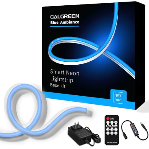 Galgreen Neon Rope Lights, 16.4ft Rope Lights with Dimmable Remote and Adapter, Waterproof Flexible Smart Led Strip Lights for Bedroom, Super Bright DIY Neon Sign, Indoor Outdoor Wall Decor Blue