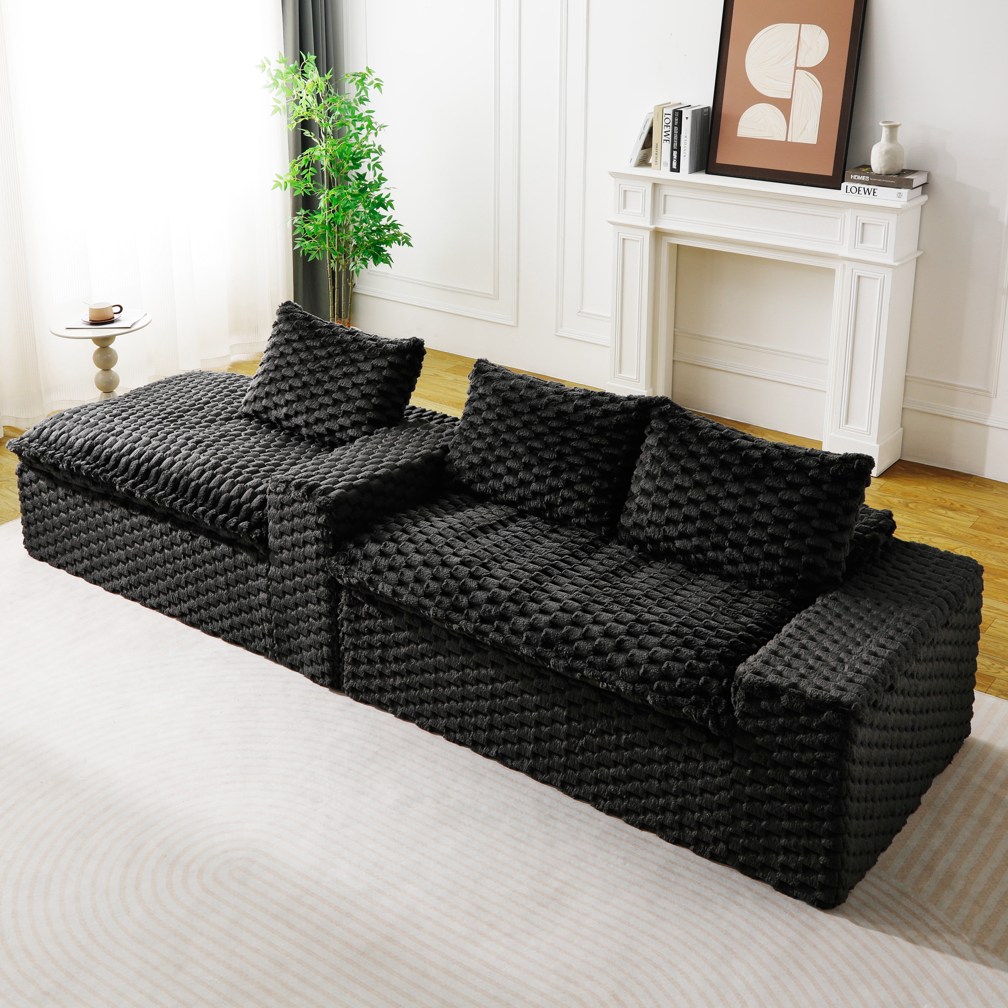 HOQBN 96"W Modular Sectional Sofa,L Shape Modern Corduroy Cloud Couch,Upholstered Deep Seat Boneless Sofa Couch with Left Chaise Lounge for Living Rooms,No Assembly Required,Black
