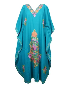 Mogul Bohemian Women's Blue Floral Embroidered Long Cotton Kaftan Maxi Dress 3XL