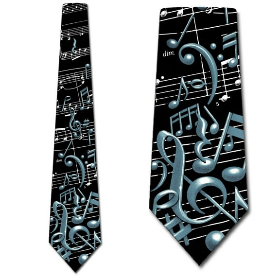 Musical Notes and Staff - Silver on Black Necktie Mens Tie by Three Rooker