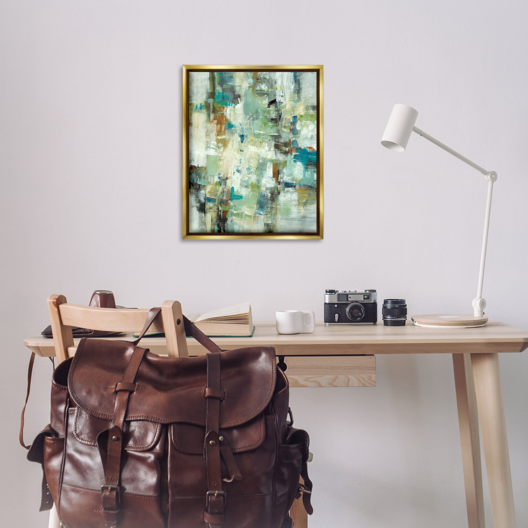 Stupell Industries Restless Green Abstraction Abstract Painting Gold Floater Framed Canvas Art Print Wall Art, 25 x 31