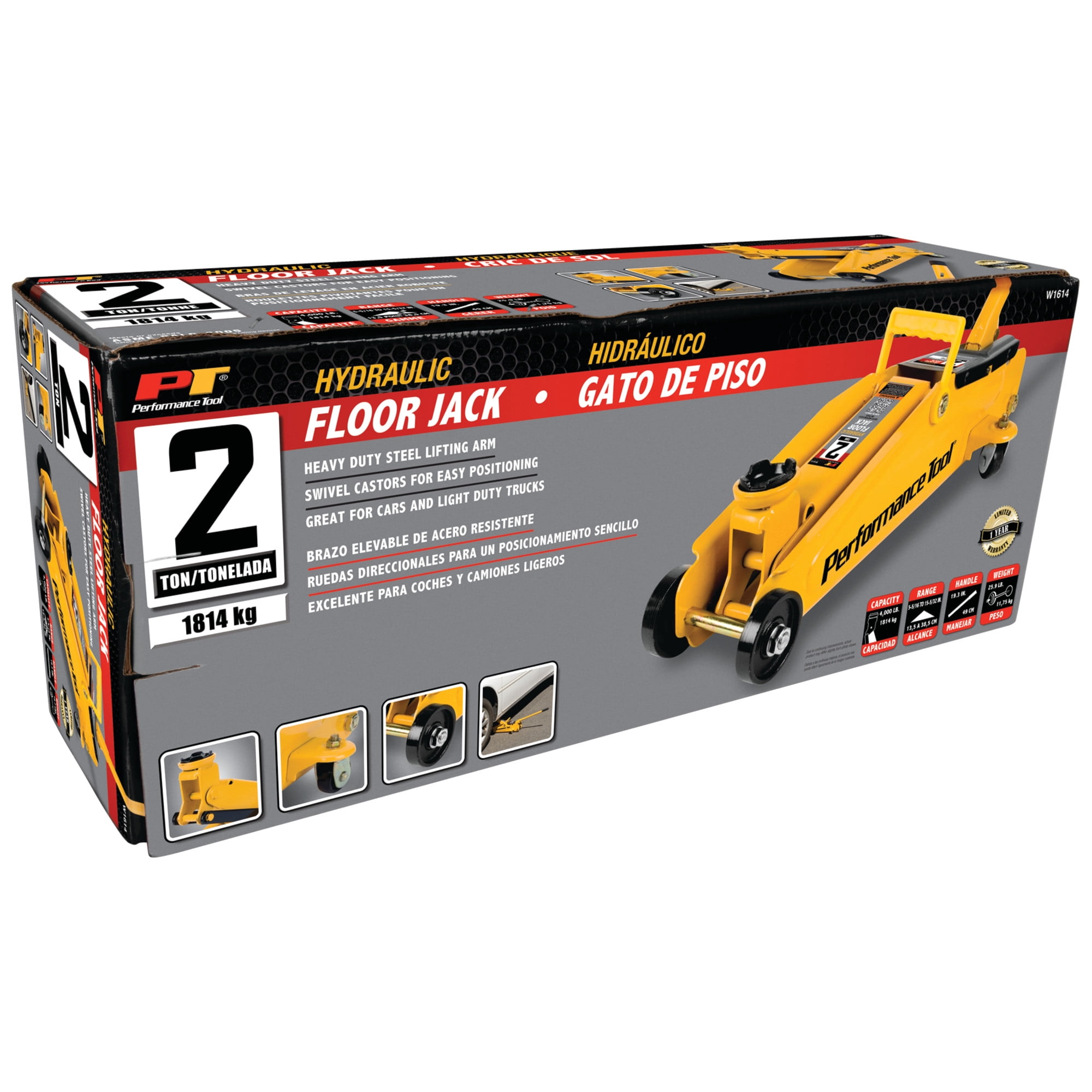 Performance Tool W1614 2 Ton Capacity Steel Floor Jack, Yellow