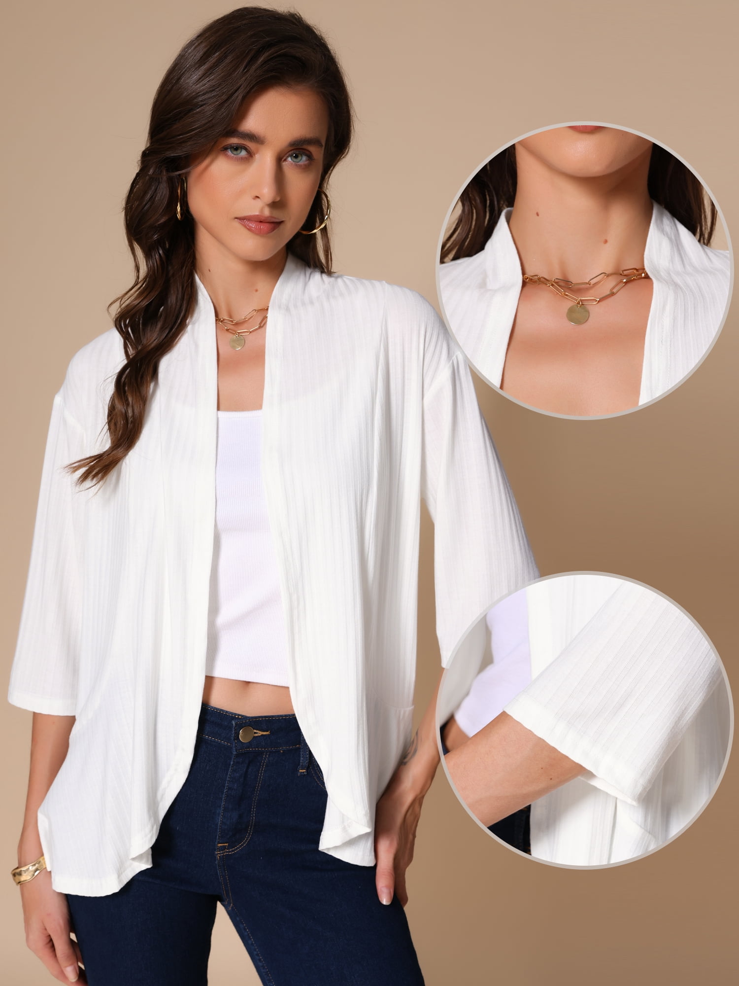 DARING DIVA Women's Lightweight 3/4 Sleeve Irregular Hem Cardigan S White