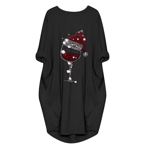 Wine Glass Dress for Women Long Sleeve Crew Neck Dress Christmas Print Dress Plus Size Casual Loose T-shirt Dress