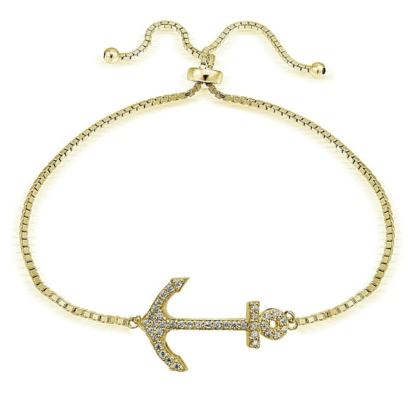 Gold Tone over Sterling Silver Cubic Zirconia Anchor  Adjustable Bracelet
