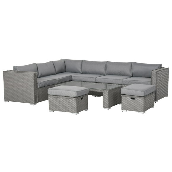 Outsunny 6 Pieces Patio Furniture Set, Outdoor Wicker Sofa Set Aluminum Frame PE Rattan Conversation Furniture W/ Cushions, Coffee Table, Footstool, Grey