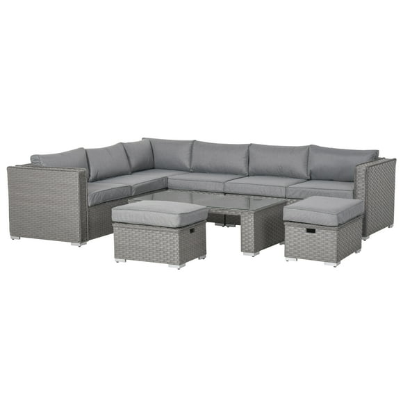 Outsunny Ensemble de Meubles de Patio 6 Pièces, Ensemble de Canapés d'Extérieur en Osier, Cadre en Aluminium, Meubles de Conversation en Rotin avec Coussins, Table Basse, Repose-Pieds, Gris