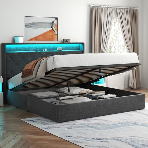 Queen Lift Up Bed Frame with Charging Station & LED Lights, Upholstered Bed with Button Tufted Wingback Storage Headboard, Hydraulic Storage, No Box Spring Needed, Wood Slats Support
