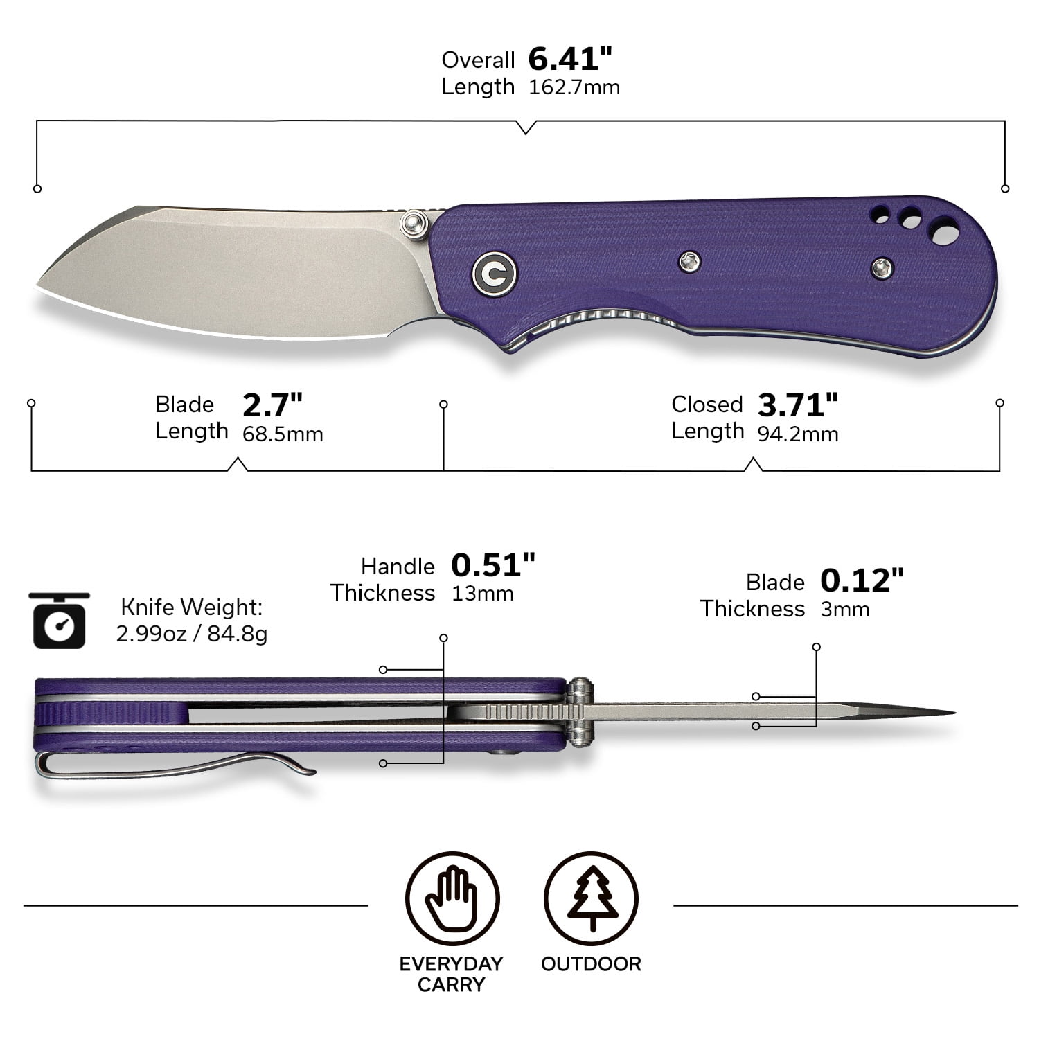 CIVIVI Crabby Pocket Knife, EDC Folding Knife for Men Women with Swedish 14C28N Blade Contoured G10 Handle, Designed by Ken Onion Jr. C24055-2