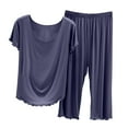thumbnail image 1 of Timegard Pjs Sets for Women Summer Round Neck Short Sleeve Tee Capri Pants Solid Color Pajamas Outfits, 1 of 3