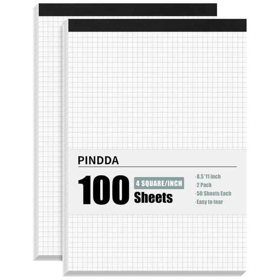 Graph Paper Notebook, 2 Pack, 8.5 x 11 Grid Paper, 4x4 Graph Ruled | 50 Sheets per Pad, Easy-Tear Perforations, 8.5 x 11 Cardboard Backing, for Math, Drafting, Drawing, Engineering