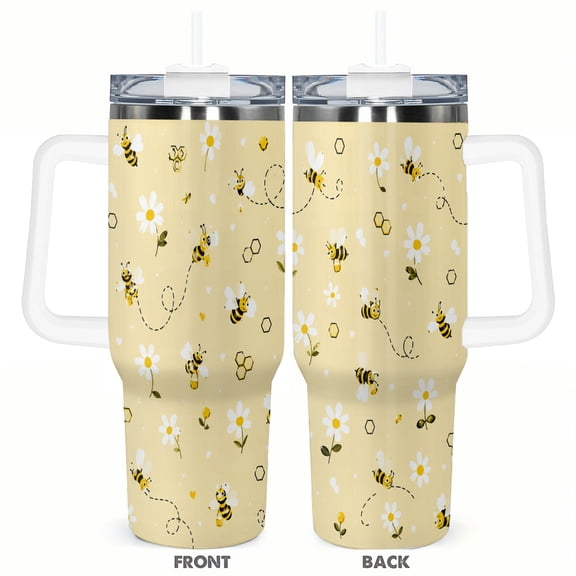 40oz Cute Bee Daisy Travel Tumbler with Handle and Straw Lid Yellow Floral Insulated Car Coffee Cup Gift for Women