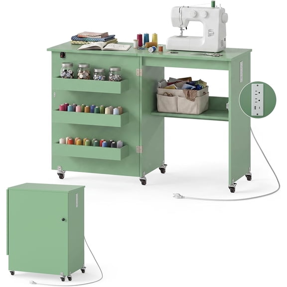 JessieMal Folding Sewing Table with Charging Station, Rolling Craft Table with Storage Trays & Shelf, Foldable Sewing Machine Cabinet Desk with Lockable Wheels for Small Spaces (Sage)