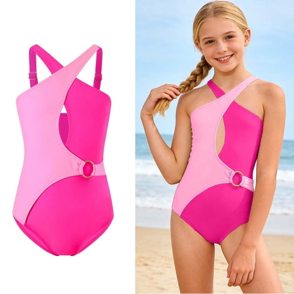 Kids Swimsuits Cutout 1 Piece Bathing Suit Quick Dry Swimwear Cross Shoulder Strap Girls Swimsuit 1 Piece 6-7 Years