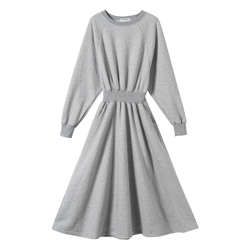 Women's Long Sleeve Crew Neck Maxi Solid Tie Neck Casual High Waist Long Dress（grey） - Walmart.com