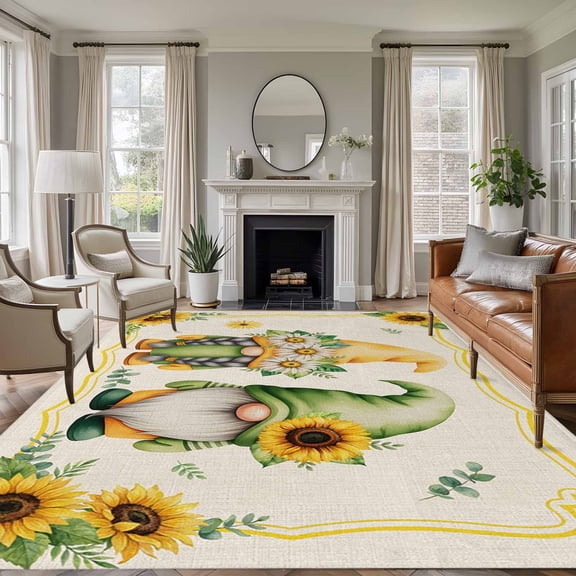 Sunflowers Gnomes Area Rugs 8'x10', Washable Small Throw Rugs for Living Room Patio, Eucalyptus Spring Linen Texture Indoor Outdoor Rug Non-Slip Low Pile Carpet Runner Reversible Floor Mats