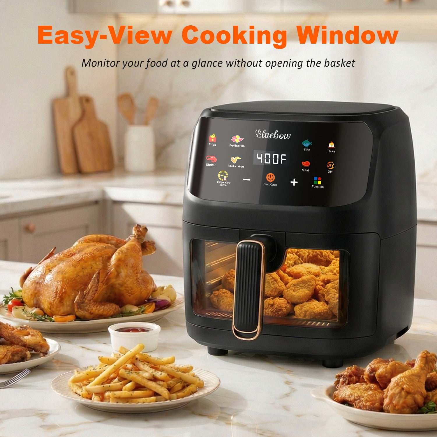 Bluebow Air Fryer, 7.5 Quart Large Capacity, 8-in-1 Multifunctional Cooker with Digital Touchscreen, Easy-View Window, Non-Stick Basket, Black