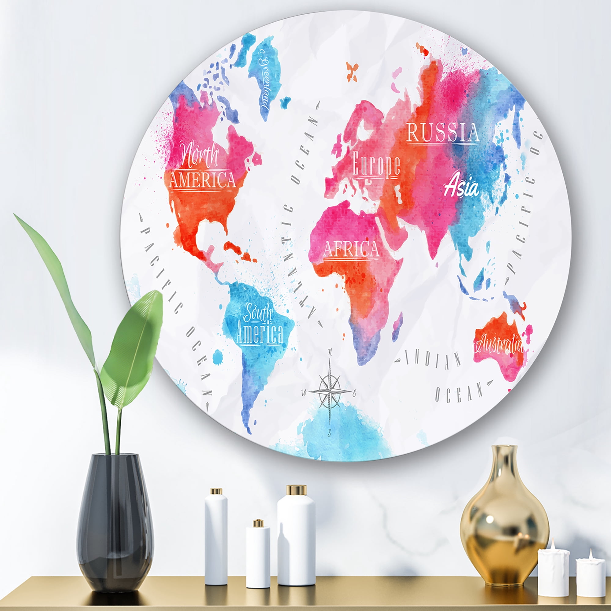 Designart 'World Map In Blue and Pink' Modern Circle Metal Wall Art 23x23 - Disc of 23