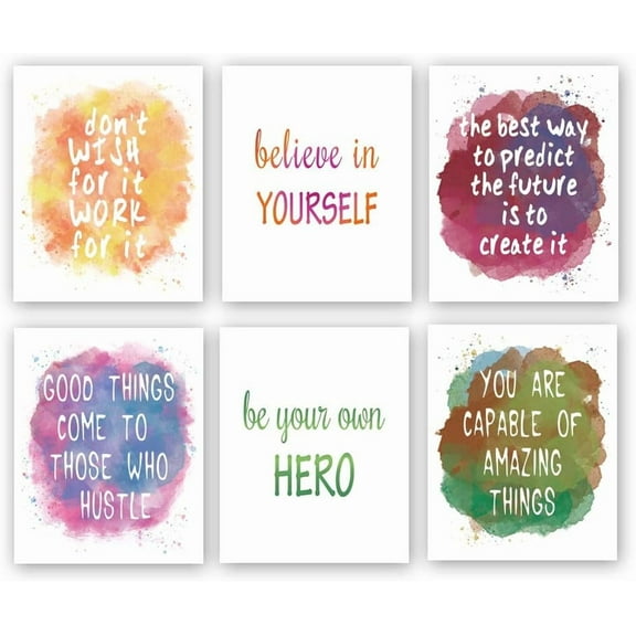Watercolor Inspirational Quote Art Print, Colorful Motivational Words & Saying, Set of 6 (8"x10" Unframed) Canvas Art Prints