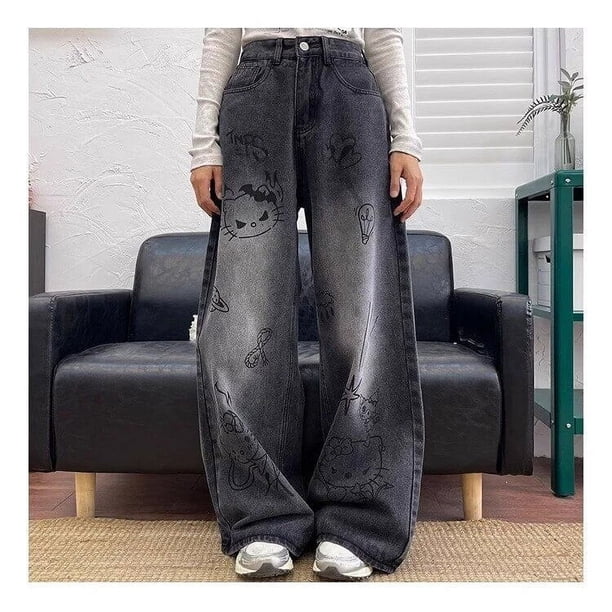 Sanrio Hello Kitty Graffiti Washed Black Baggy Jeans Women Cartoon