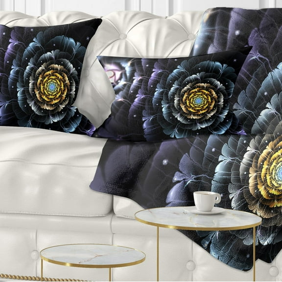 Designart Dark Blue Fractal Flower in Dark - Floral Throw Pillow - 12x20