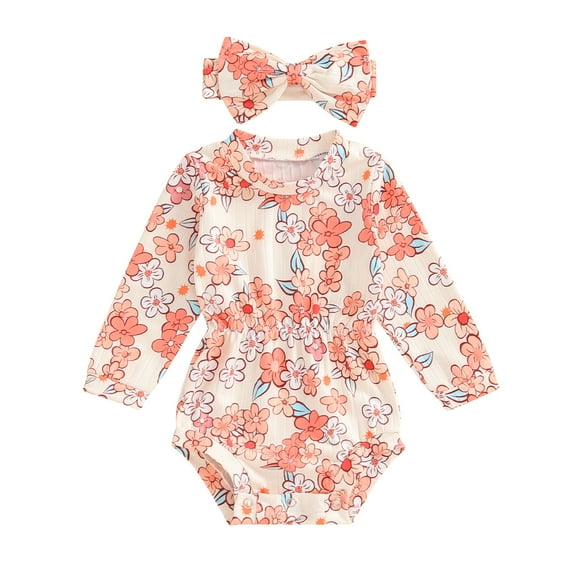 Musuos Baby Girls Autumn Romper 0-18Months Long Sleeve O Neck Floral Print Casual Romper with Headband
