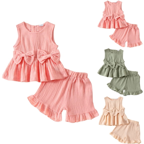 Faraee 1T 2T 3T 4T 5T 6T Toddler Baby Girl Summer Clothes Set Short Sleeve Tank Tops Bow Bottom Pants Kids Cotton Linen Outfits 6-12 M,Beige