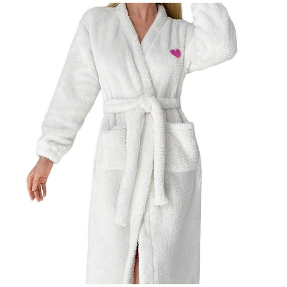 Hifoo Women Elegant Long Sleeve Belted Sleep Robe For Cozy Flannel Design With Stylish Heart Collar For Autumn Winter Breathable Solid Color Sleepwear