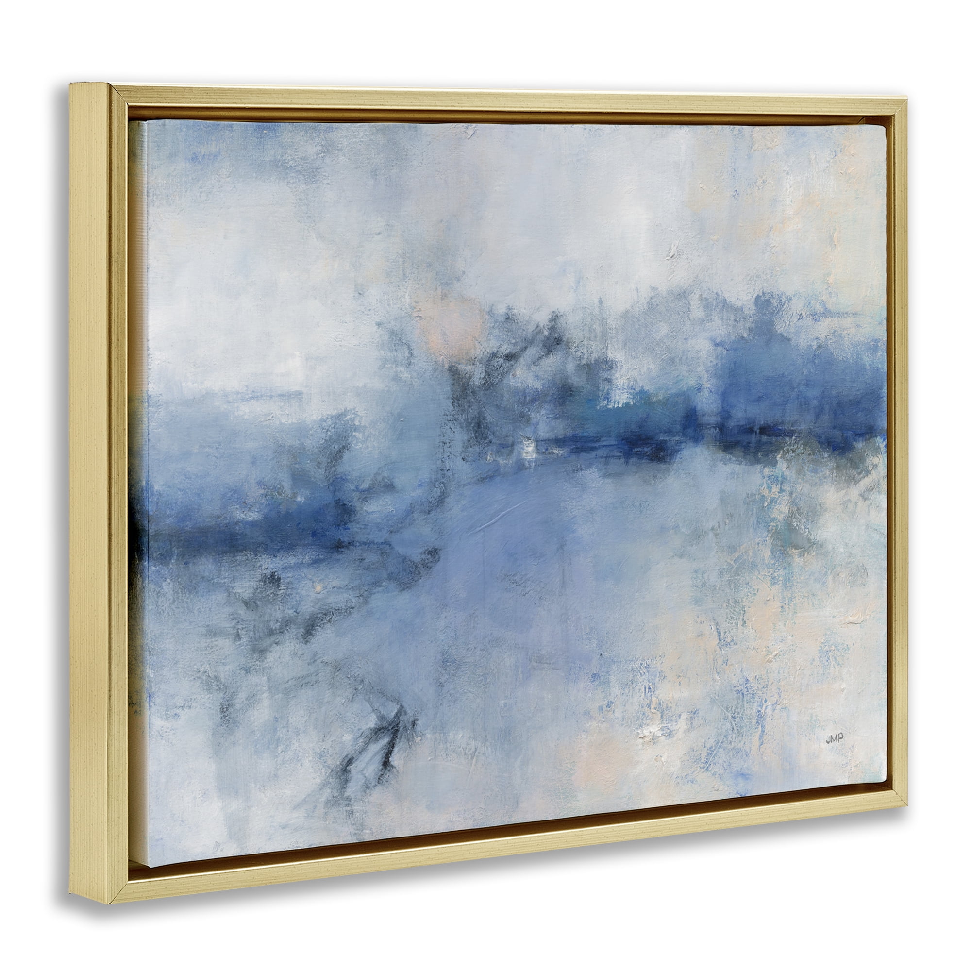 Stupell Industries Blue Seaside Impressions Abstract Painting Gold Floater Framed Canvas Art Print Wall Art, 21 x 17